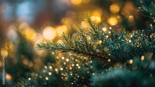 Sparkling evergreen hedge covered in moisture with glowing seasonal light orbs