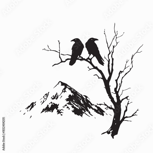 Bird Perched on Tree Branch in Mountain Nature Silhouette Vector