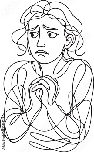 Continuous line drawing of a worried anxious woman clasping hands expressing concern fear nervousness uncertainty and tension