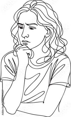 Continuous line illustration of a thoughtful pensive woman reflecting with focus contemplation and quiet concern