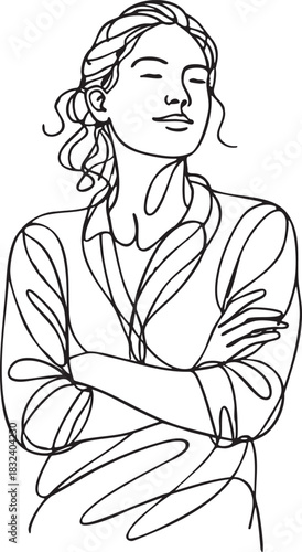 Abstract continuous line art of a confident woman standing with crossed arms expressing pride assurance strength and self-esteem