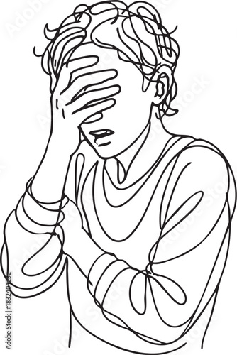 Abstract continuous line drawing of a person covering their face expressing shame embarrassment regret and emotional discomfort