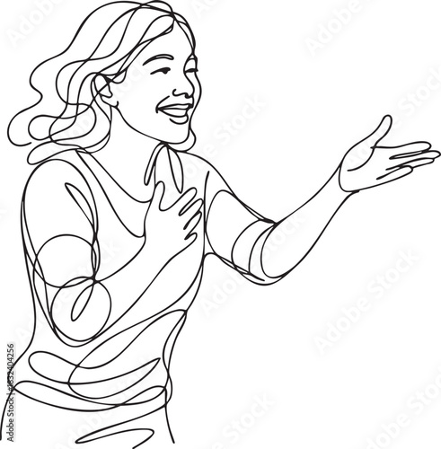 Continuous line illustration of a friendly welcoming woman reaching out expressing kindness warmth support and encouragement