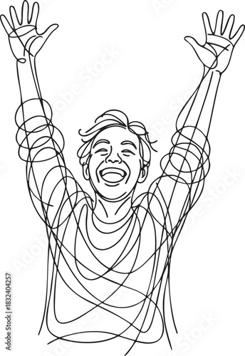 Abstract continuous line artwork of a joyful man raising arms expressing elation triumph excitement happiness and celebration