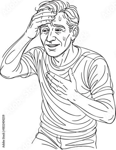 Abstract continuous line drawing of a tired sweating man expressing exhaustion relief strain and physical fatigue