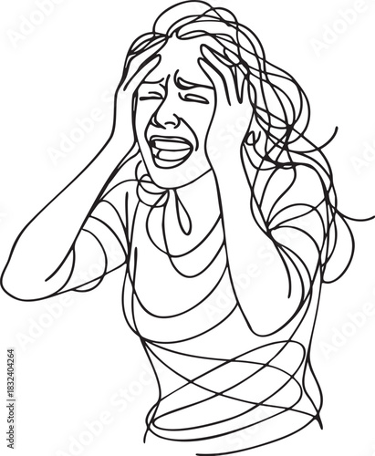 Abstract continuous line drawing of a woman holding her head expressing frustration anger stress overwhelm and tension