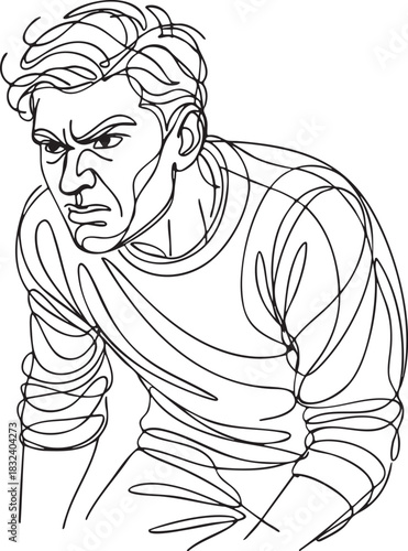 Continuous line artwork of an angry man leaning forward expressing intensity aggression frustration determination and tension