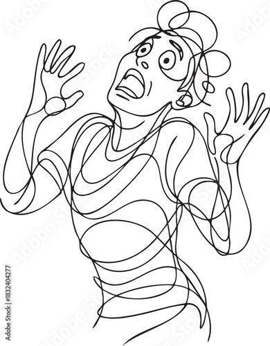 Abstract continuous line illustration of a woman panicking with raised hands expressing fear anxiety shock alarm and distress