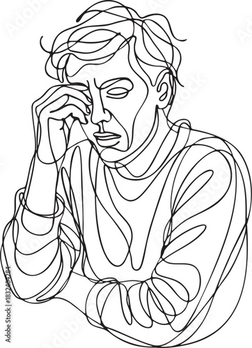 Abstract continuous line illustration of a tired man rubbing his eyes expressing fatigue exhaustion stress and mental strain in chaotic minimalistic style