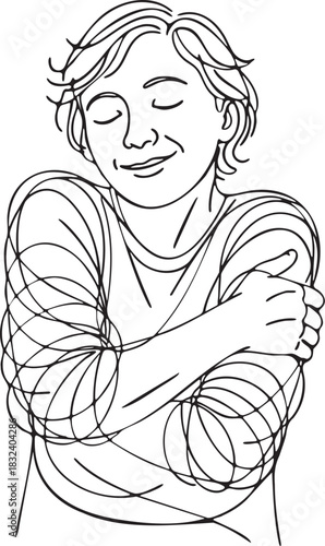 Continuous line illustration of a person hugging themselves expressing self love comfort warmth peace and emotional healing
