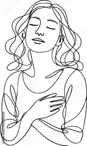 Minimal continuous line illustration of a calm woman with closed eyes expressing serenity tranquility peace relaxation and mindfulness