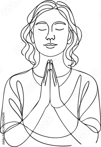 Abstract continuous line illustration of a meditative woman praying expressing peace gratitude mindfulness calm and spirituality