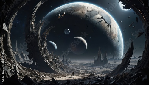 Distant Planet Witnessed from a Ruined Space Landscape