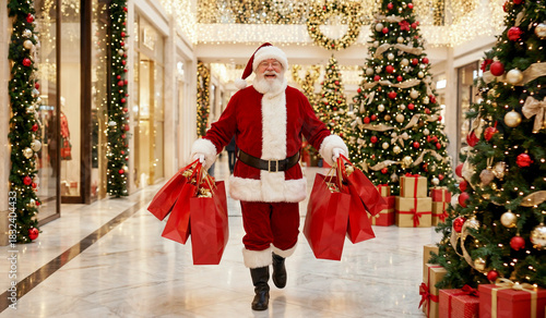 Happy funny Santa Claus carrying shopping bag in decorated shopping mall. Christmas shopping and holiday sale concept for seasonal retail.