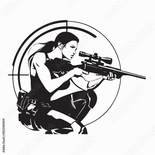 Female Shooter Taking Aim With Hunting Rifle Outdoors Vector 