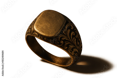 Ornate gold signet ring on transparent background, vintage style jewelry