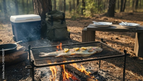 A scenic image of a whole fish grilling on a metal rack over a warm campfire in a forest. a table set up nearby featuring plates and utensils creating a tranquil environment for camping.