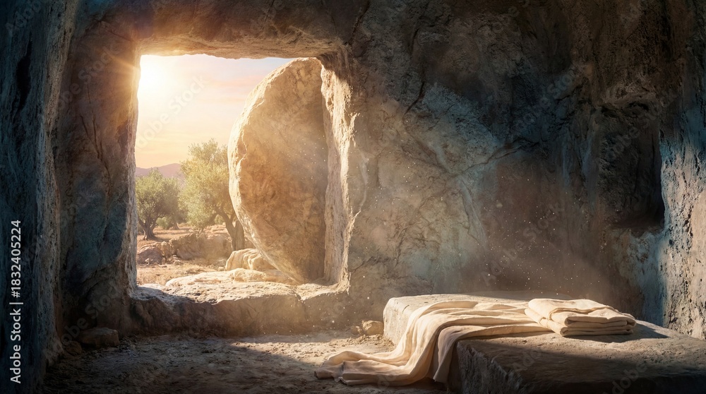 Fototapeta premium Divine morning light floods into the empty tomb, illuminating the discarded burial cloths in a cinematic scene of hope and resurrection