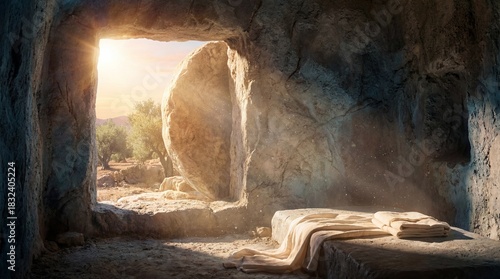 Divine morning light floods into the empty tomb, illuminating the discarded burial cloths in a cinematic scene of hope and resurrection.