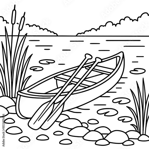 Canoe by the Lakeside: An artistic rendering of a serene lakeside scene, complete with a canoe, paddles, reeds, and rocks, evoking a sense of tranquility and outdoor adventure.
