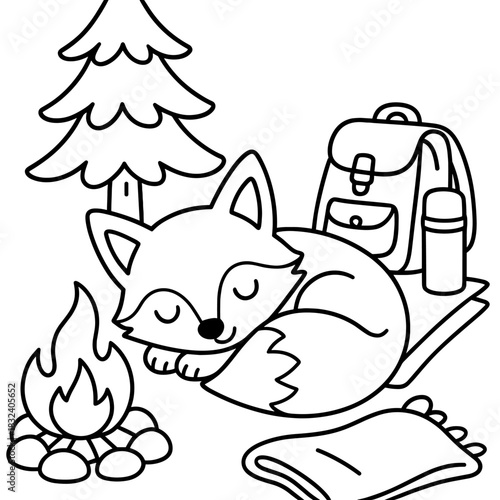 Camping Fox's Slumber: A serene fox rests soundly beside a crackling campfire, as nature's embrace fosters sweet dreams with a backpack, water bottle.