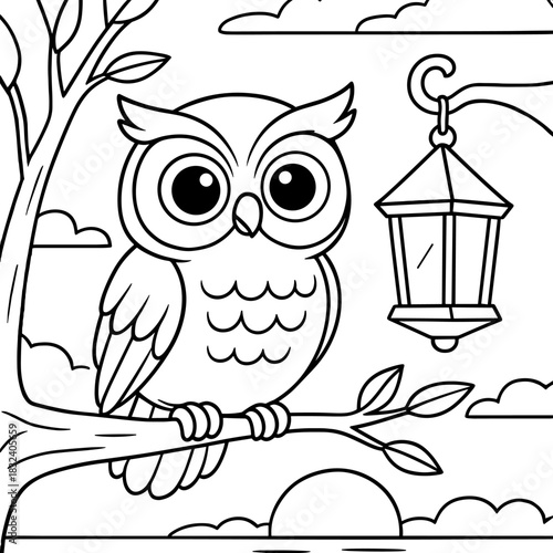 Wise Owl's Night Watch: An adorable owl perches on a tree branch with a decorative lantern, observing the night sky with an air of wisdom and serenity.