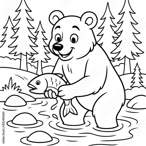 A Bear's Catch in the Stream: An illustration of a cheerful bear triumphantly holds its freshly caught fish in a babbling stream, set against a backdrop of trees and a serene natural scene.