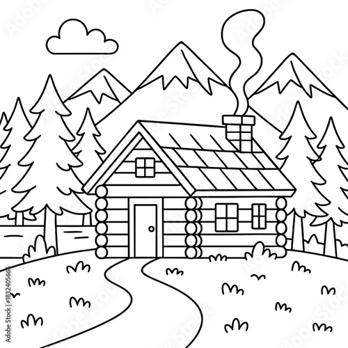 Cozy Cabin in the Mountains: a picturesque cabin nestled amidst a towering mountain range, smoke curls gently from the chimney, inviting a sense of warmth and tranquility.