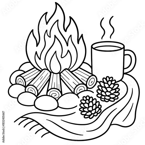 Campfire Gathering: A cozy scene, featuring a crackling campfire, a warm mug of beverage, and pine cones, invites viewers to unwind and relax. A warm embrace of outdoor gathering experience.