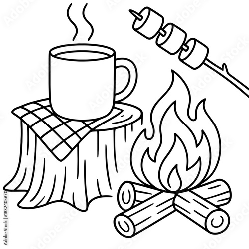 Campfire Cozy: A steaming mug of warmth and delicious toasted marshmallows embody the quintessential campfire experience, promising moments of connection and joy around a crackling flame.