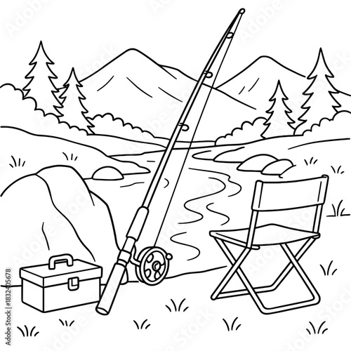 Fishing Gear in Serene Scene: A solitary fishing rod stands ready near a tranquil stream, accompanied by a tackle box and a folding chair.