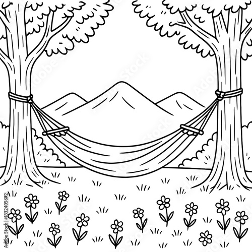 Restful Retreat: A tranquil illustration of a hammock strung between two trees in a serene meadow, offering an inviting escape amidst the beauty of nature.