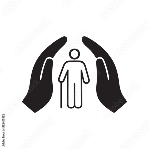 Elderly care and protection concept shown with hands surrounding a person with cane symbolizing safety and well being