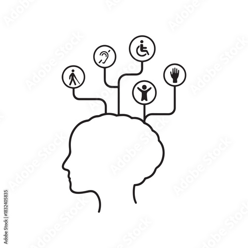 Accessibility and inclusion awareness concept illustrated by head silhouette with disability symbols showing diverse needs and support networks for differently abled individuals