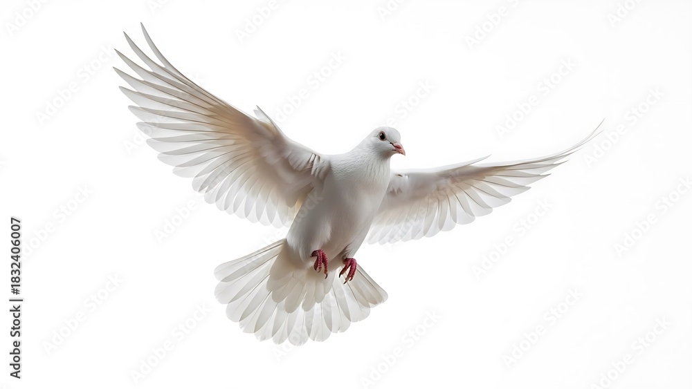 Fototapeta premium White dove soaring gracefully in flight, symbolizing peace and freedom against a clean backdrop