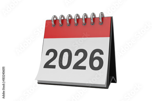 A 3D render of a desk calendar displaying the year 2026, featuring a red top and metallic spiral binding. background removed