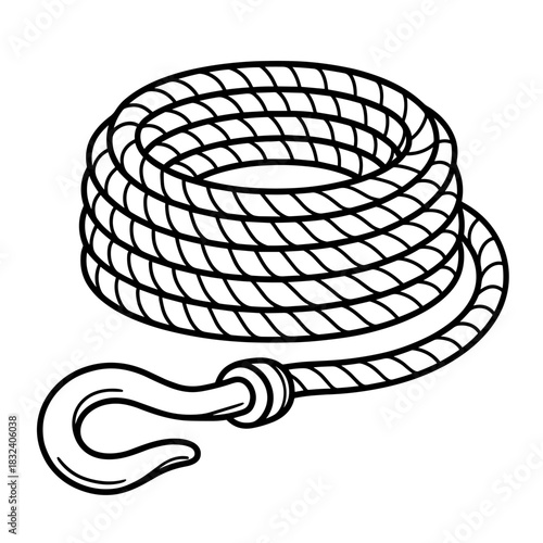 Coiled Rope with Hook: a tightly wound rope, featuring a sturdy hook, embodies strength, reliability, and preparedness. 