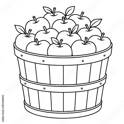 Apple Basket Bounty: A charming illustration showcases a rustic wooden basket overflowing with freshly picked apples, each one a testament to nature's delicious harvest. A monochrome illustration.