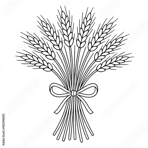 Harvest Bouquet: A meticulously crafted, monochrome illustration of a wheat sheaf tied with an elegant ribbon. A symbol of abundance, harvest, and rural simplicity.