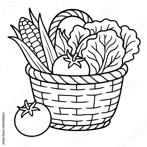 Harvest Bounty: A beautifully illustrated basket overflowing with fresh, vibrant vegetables, corn, tomato and lettuce, symbolizing the essence of health and nature's goodness.