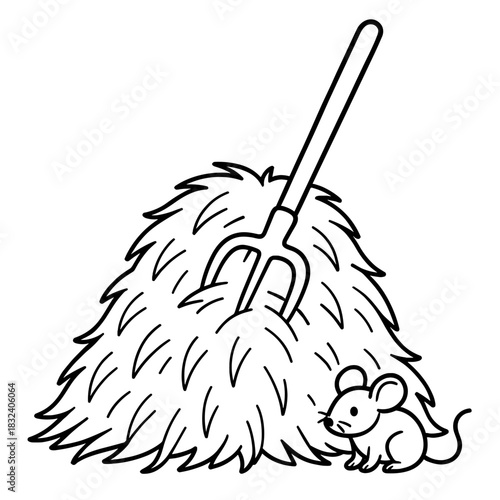Haystack and Mouse in Farmyard: An agricultural scene, where a small, curious mouse nestles beside a haystack, with a pitchfork, evoking a sense of rustic simplicity and countryside charm.