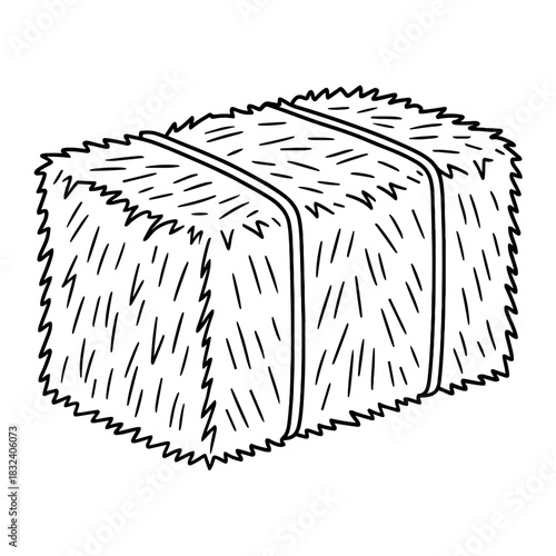 Hay Bale Simplicity: A meticulously crafted black and white illustration of a classic hay bale, bound tightly with sturdy twine, is presented.