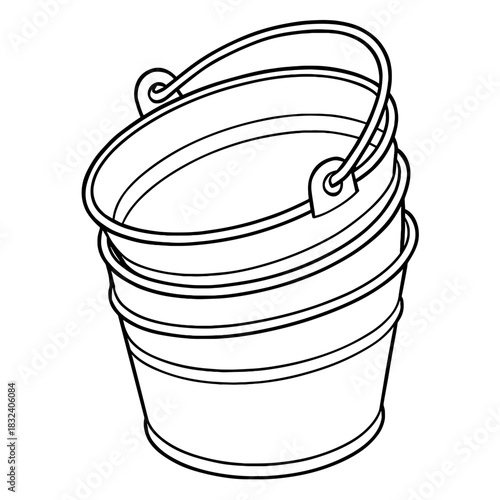 Stacked Buckets: A Simple monochrome image of two metal buckets. They have handles for easy carrying.