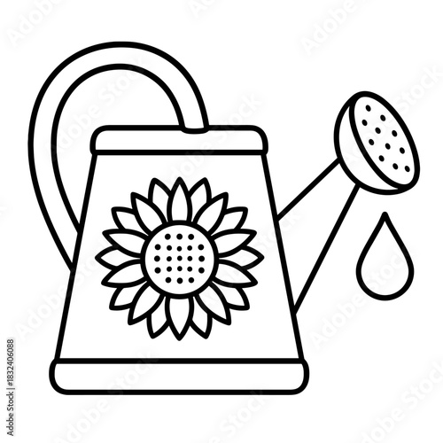 Watering Can in a Floral Garden: A charming monochrome depiction of a watering can, adorned with a sunflower design, evokes a sense of care and nurturing, hinting at the joys of a flourishing garden.