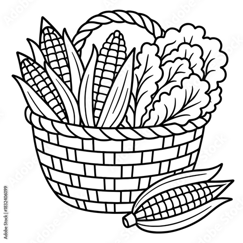 Harvest bounty in a woven basket: A charming illustration depicts a collection of farm-fresh produce spilling from a rustic basket, celebrating the abundance of the harvest.