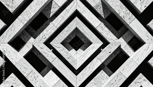 Medium shot of intricate geometric stone patterns forming symmetrical visual motifs with sharp angles and clean lines highlighting craftsmanship and precision.