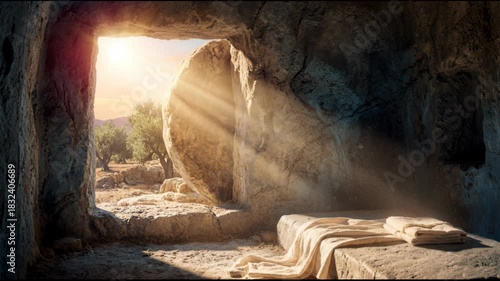 Divine morning light floods into the empty tomb, illuminating the discarded burial cloths in a cinematic scene of hope and resurrection.