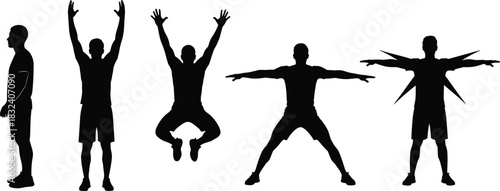 Black Silhouette of Man Performing Bodyweight Exercises Including Standing, Stretching, Jumping, and a Star Jump (Jumping Jack) for Fitness and Workout Training.