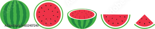 Watermelon illustration sequence, whole to slice, fruit stages, food concept, vector graphic, healthy eating, summer theme, art