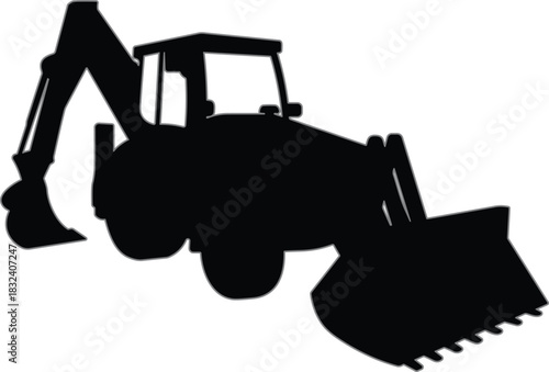 Backhoe loader silhouette illustration, construction equipment, heavy machinery, excavator arm, loader bucket, vector graphic, industrial, tool, art